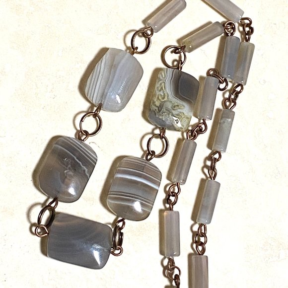 Geometric Banded Agate Necklace, Rustic Genuine Gemstone Copper Link Necklace - Picture 8 of 11